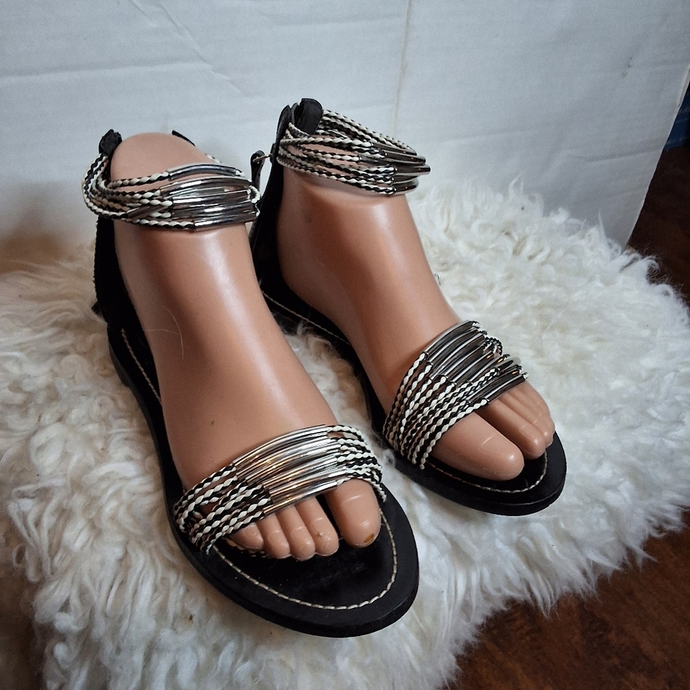 Tory Burch Braided Rope Metal Flat Sandals Black White Ankle Strap 6 - Picture 3 of 12